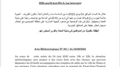 صورة الأرصادالجوية تحذر من عواصف رملية في النعمة ومحطيها