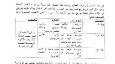 صورة تعميم يتحدث عن “خلل كبير” ويدعو الولاة لإعادة توزيع المعلمين